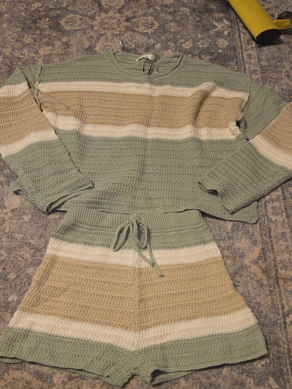 Striped Crochet Crewneck Sweater in Sage, Cream & Tan
